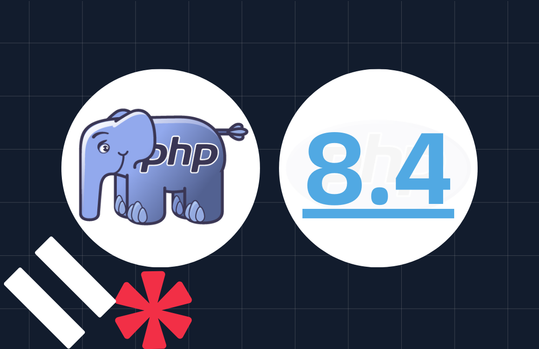 PHP mascot elephant and the text 8.4 against a dark grid background with design elements.