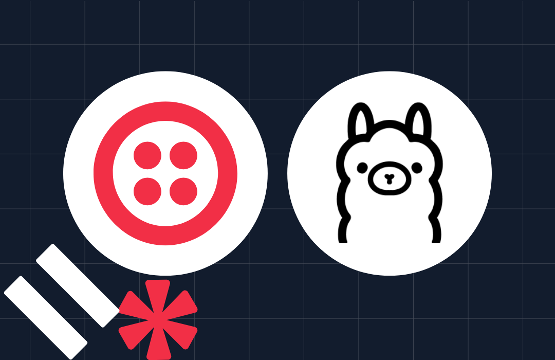 Red button icon and black llama icon against a dark grid background with additional shapes at the bottom.