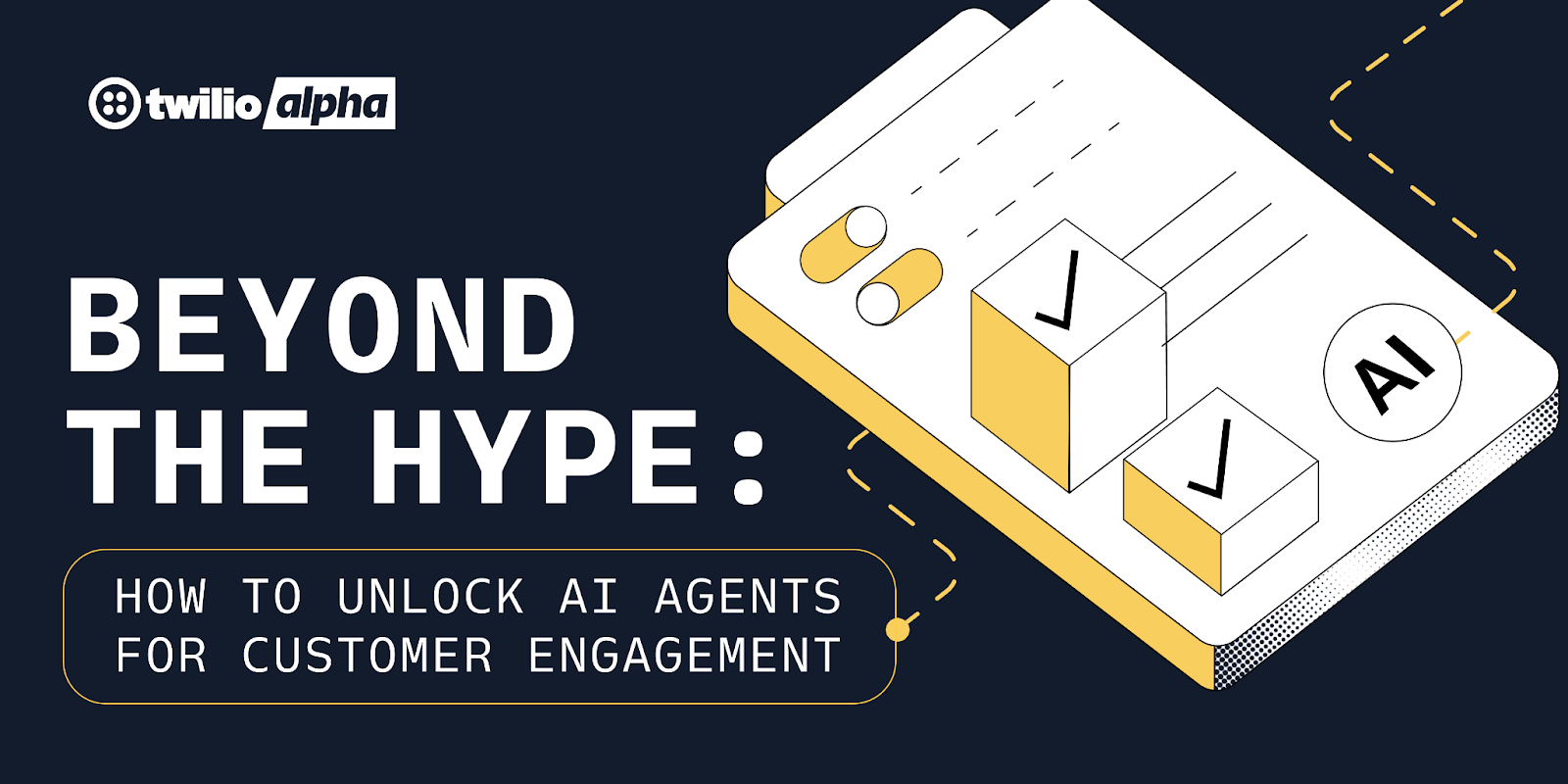 Twilio event graphic on using AI agents for customer engagement with charts and AI symbols.