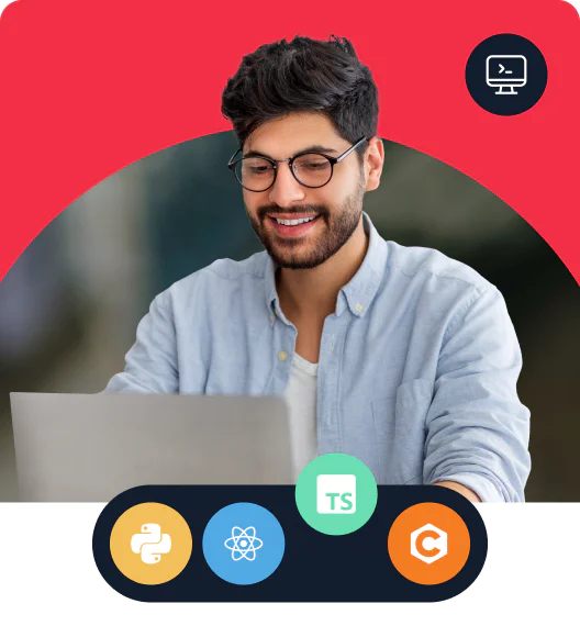 Man in glasses works on a laptop with Python, React, TypeScript, and C# icons displayed below.