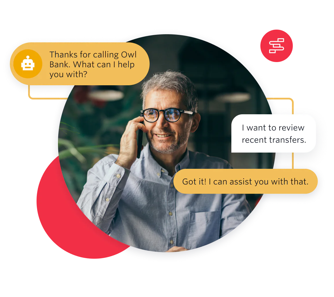 Happy man holding a phone, calling to confirm an appointment with the Boost customer satisfaction IVR from Twilio.