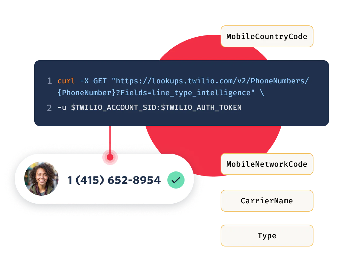 API request to Twilio showing phone number lookup with response including country code, network code, and carrier name.